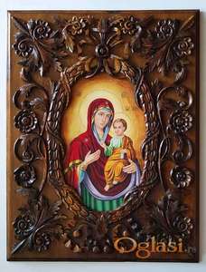 Икона "Богородица са Исусом", дуборез, оригинална слика, орах, ручни рад, уникат